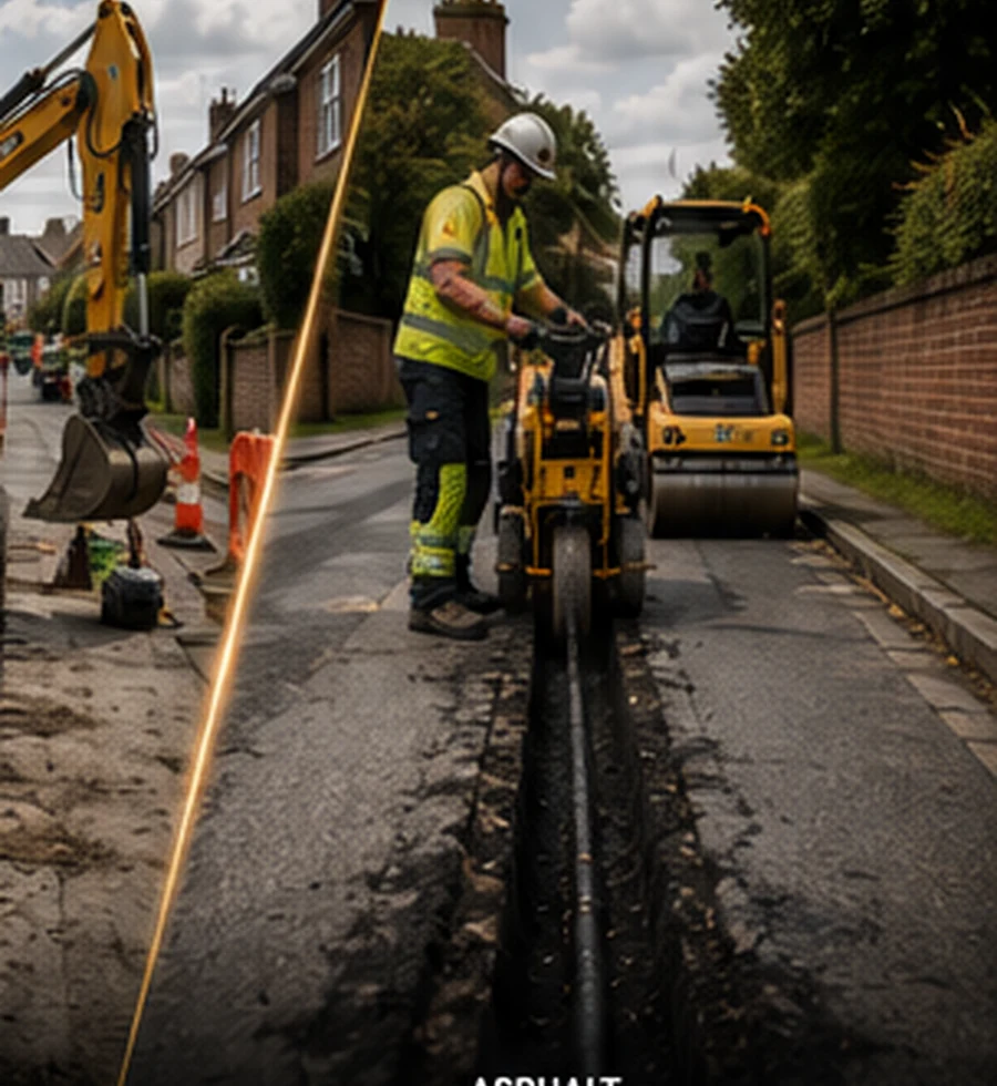 Asphalt team reinstating mini trenches on a residential road