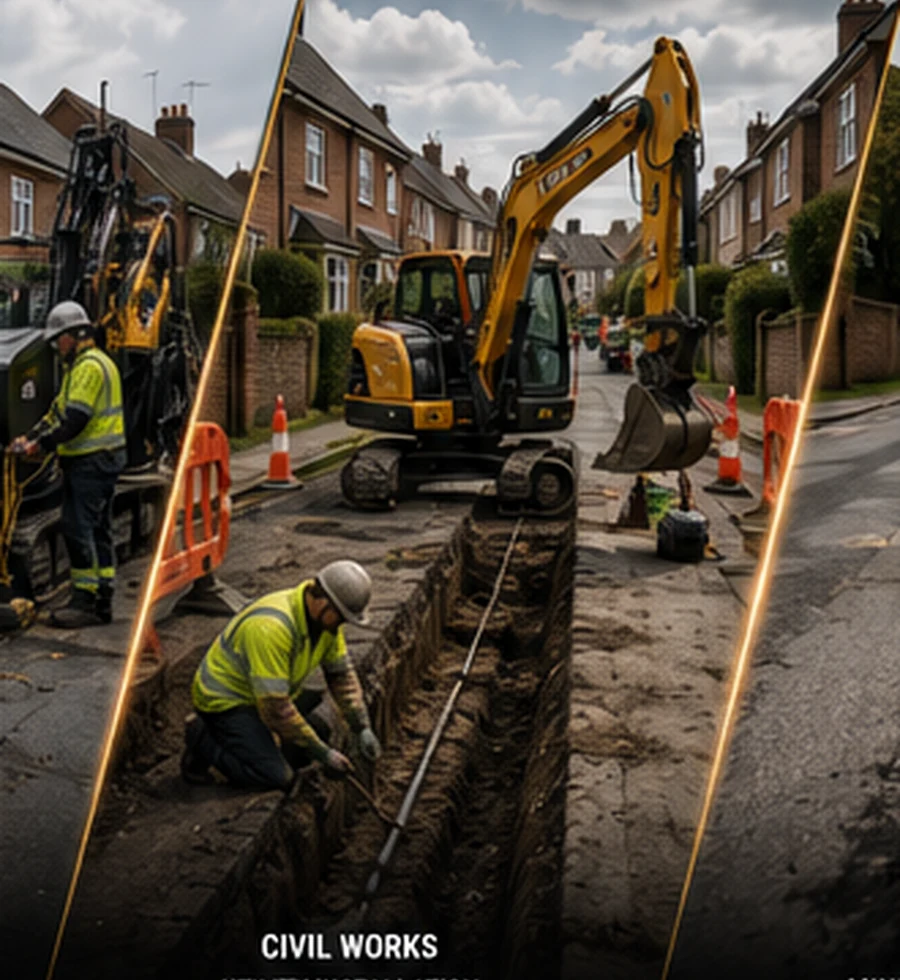 Small excavator completing civil works on a residential road